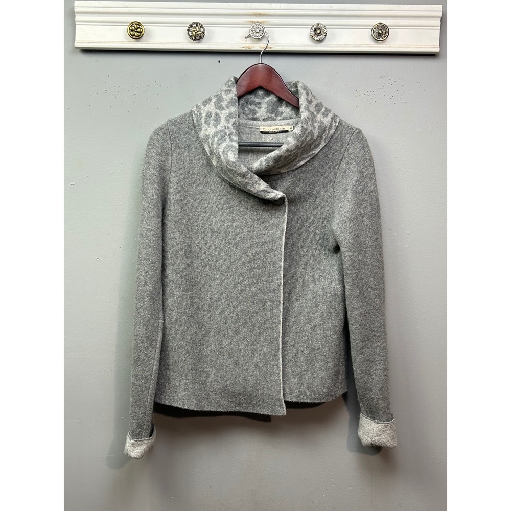 Chiaramente Cardigan Womens Medium Grey Wool Blend Leopard Cowl‎ Italy Neutral
